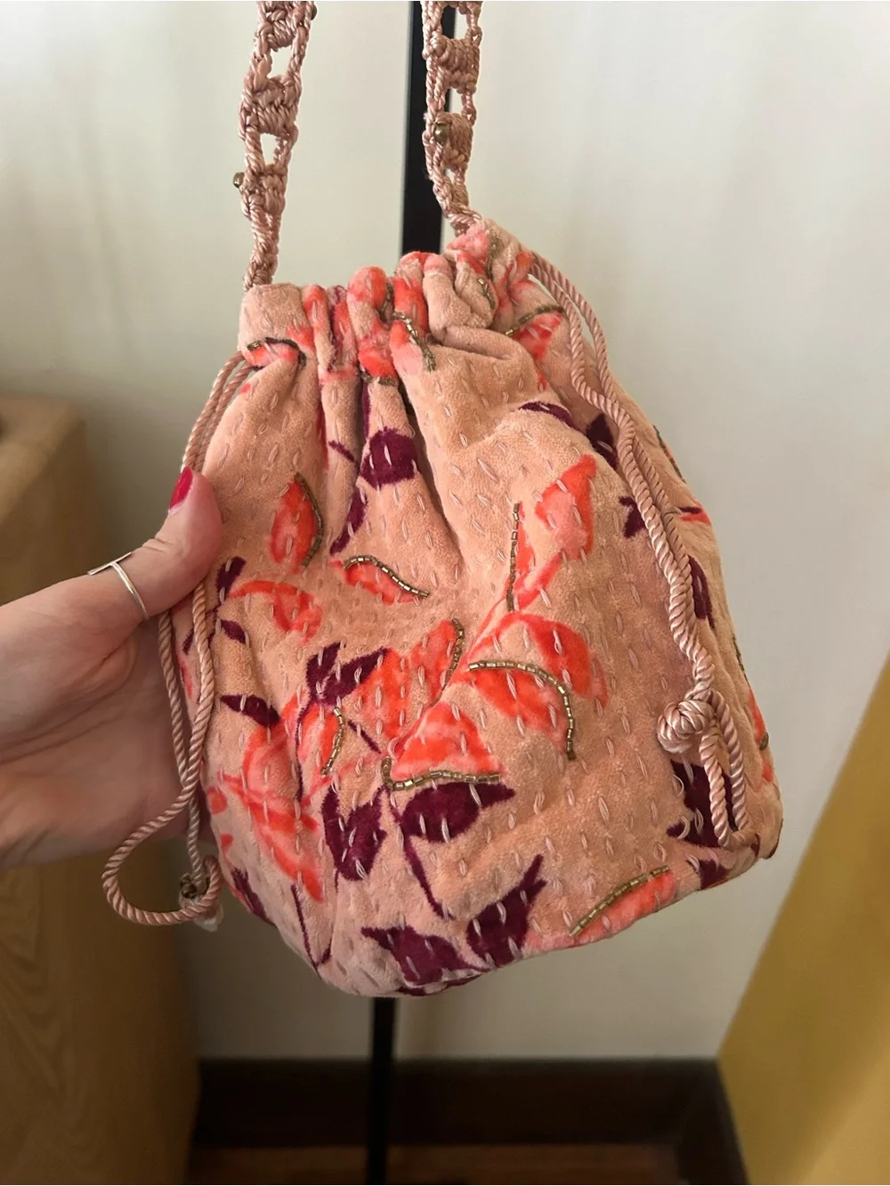 Free People Velvet Moon Crossbody Bag Drawstring Pink Floral Boho Festival